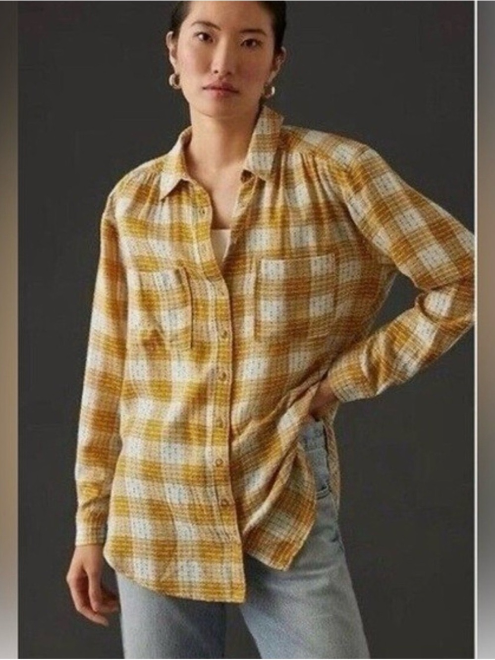 Anthropologie Pilcro Mustard Plaid Textured Button-Up Shirt Womenโs XS